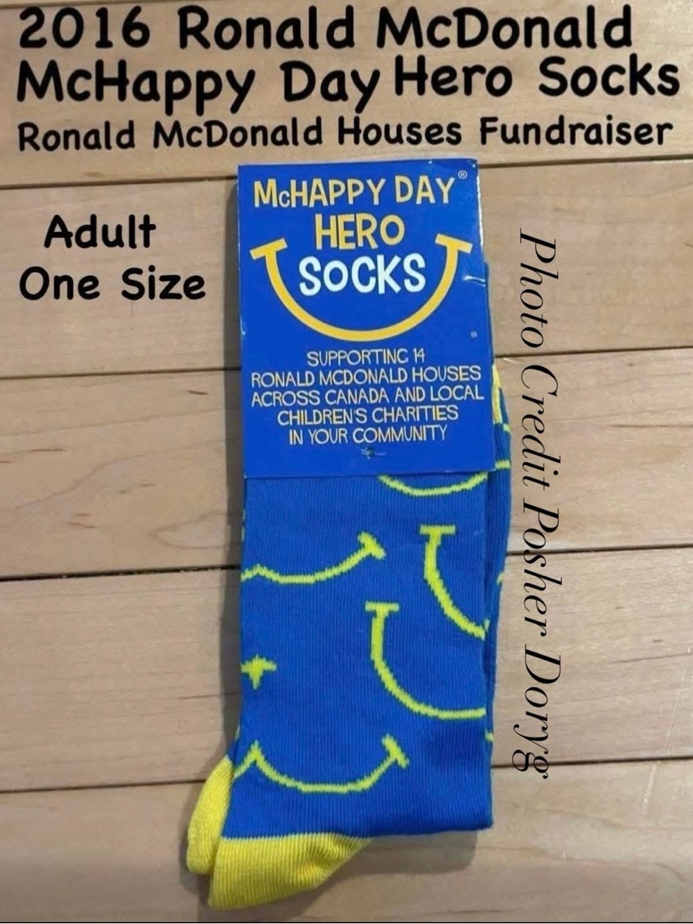New McHappy Day Hero Socks — Blue with Yellow Smile Accents